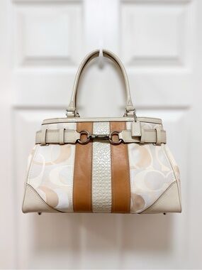 Coach Hamptons Optic Signature Vertical Stripes Leather Trim Large Carryall